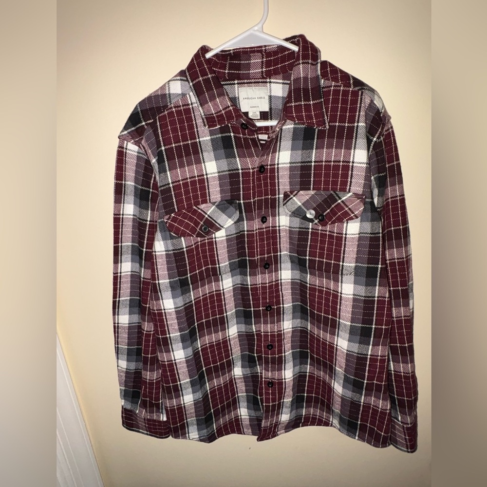 American Eagle Outfitters Men's Burgundy and Black Plaid Shirt
